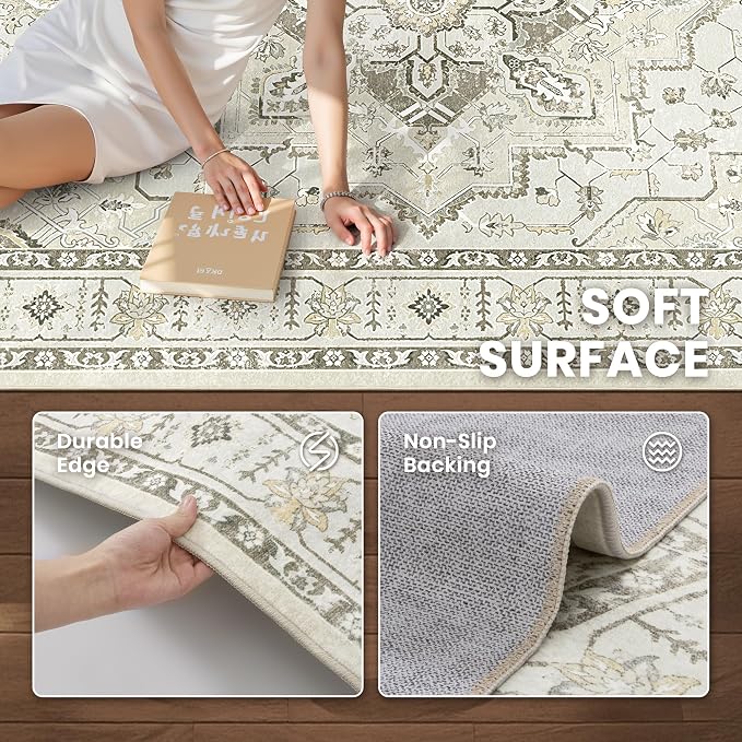 zesthome Washable Rug 6x9 Area Rugs,Stain Resistant Rugs for Living Room,Bedroom,Non-Slip Backing Home Decor Rug, Vintage Medallion Pattern Rugs (Beige,6'x9')