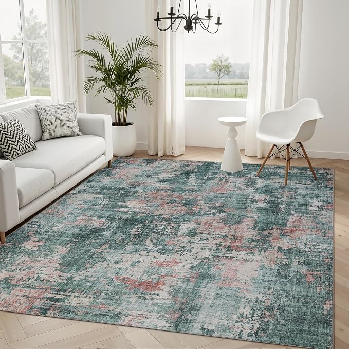 Sasttie 5x7 Soft Area Rug for Living Room, Modern Abstract Washable Carpet for Bedroom, with Non-Slip Backing, Pink and Green