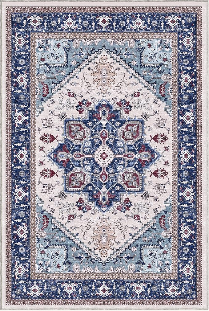 OPPODREAM Soft Area Rugs 5x7, 5x7 Washable Rug with Non Slip Backing, 5 x 7 Faux Cashmere Low-Pile Carpet, Navy Blue & Red & Cream