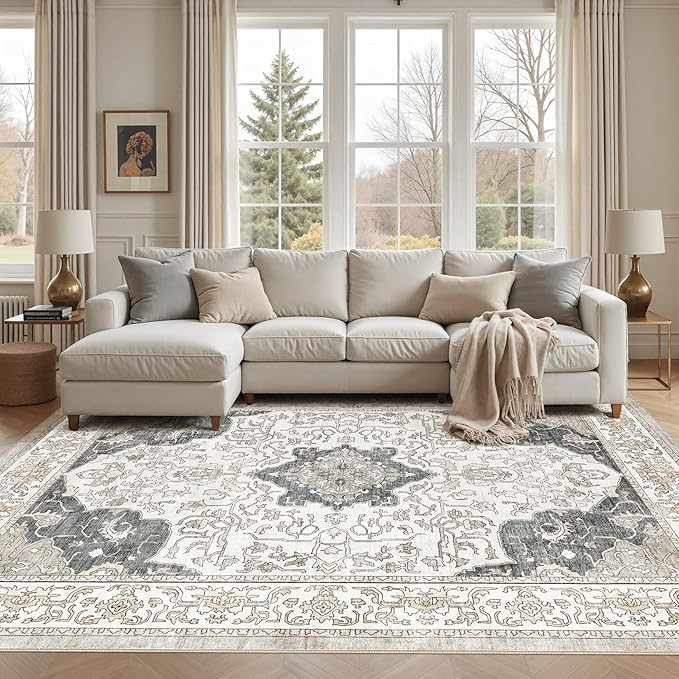 cotiled 8x10 Area Rug Machine Washable Vintage Carpet for Living Room Bedroom Soft Non-Slip Backing Floor Mat Kid & Pet Friendly Stain Resistant Light Brown