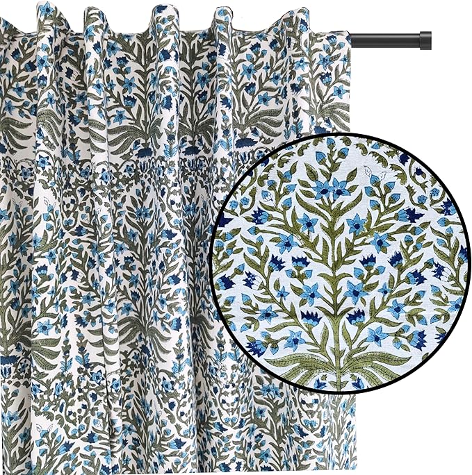 ATOSII 100% Cotton Single Panel Floral Block Print Curtain, Easy Hanging with Rod Pocket & Loop, Living Room, Dining Room, Bedroom Light Filtering Boho Curtains, Set of 1, 60" W X 84" L, Nargis Blue