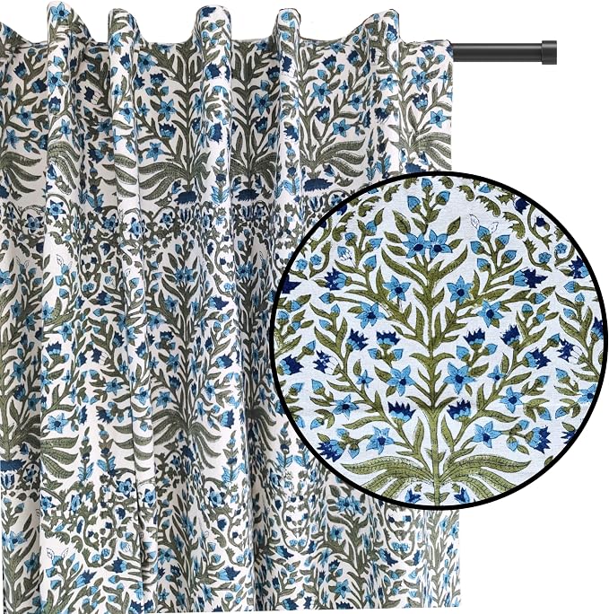 ATOSII 100% Cotton Single Panel Floral Block Print Curtain, Easy Hanging with Rod Pocket & Loop, Living Room, Dining Room, Bedroom Light Filtering Boho Curtains, Set of 1, 60" W X 96" L, Nargis Blue