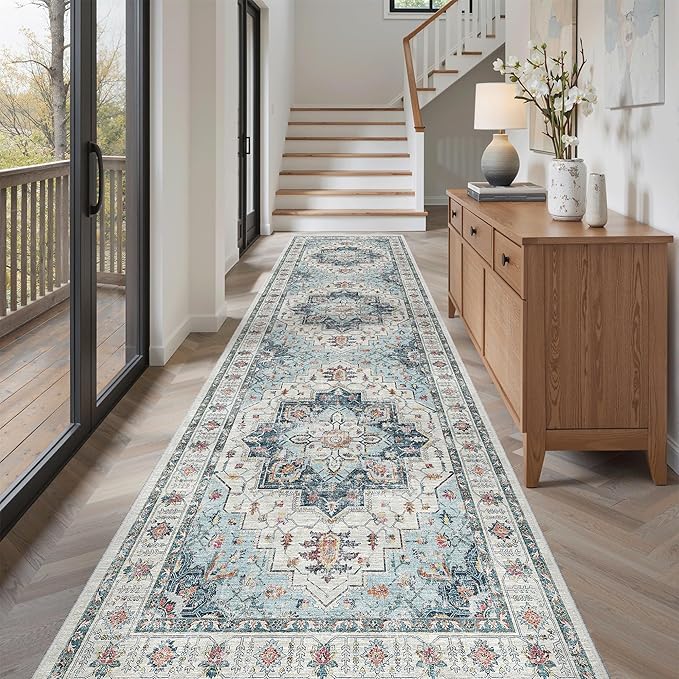 Madane Hallway Runner Rug 3x10 Washable Kitchen Runners 10ft, Blue | Vintage Non-Slip Entryway Area Rugs Indoor, Soft Low-Pile Farmhouse Wide Floor Carpet for Bathroom Living Room Bedroom Foyer
