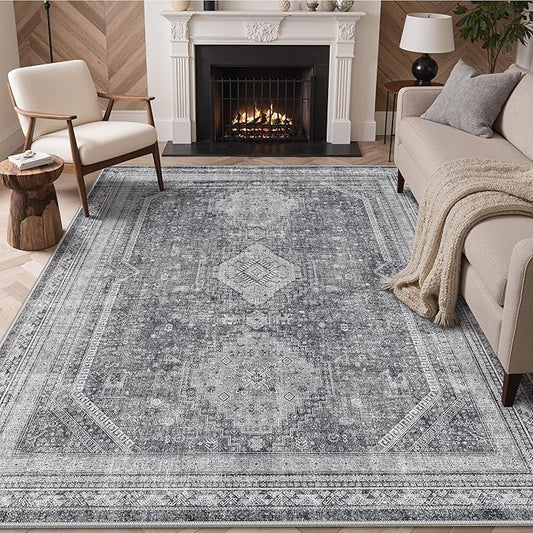 GENIMO 5x7 Area Rugs for Living Room, Machine Washable Non Slip Rugs, Low Pile Lightweight Print Rug for Bedroom, Dining Room, Home Office, Vintage Grey