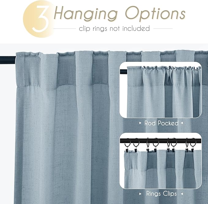 Dusty Blue Linen Curtains for Living Room Back Tab Light Filtering Semi Sheer Bedroom Curtain Linen Cotton Textured Grey Blue Drapery Panel Airy Modern Farmhouse Aesthetic Decor 52x102 Long