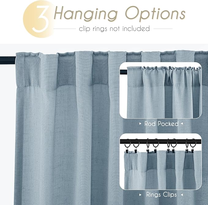 Dusty Blue Linen Curtains for Living Room Back Tab Light Filtering Semi Sheer Light Blue Bedroom Curtains Linen Cotton Textured Grey Blue Drapery Panel Airy Modern Farmhouse Aesthetic Decor 52x90 Long