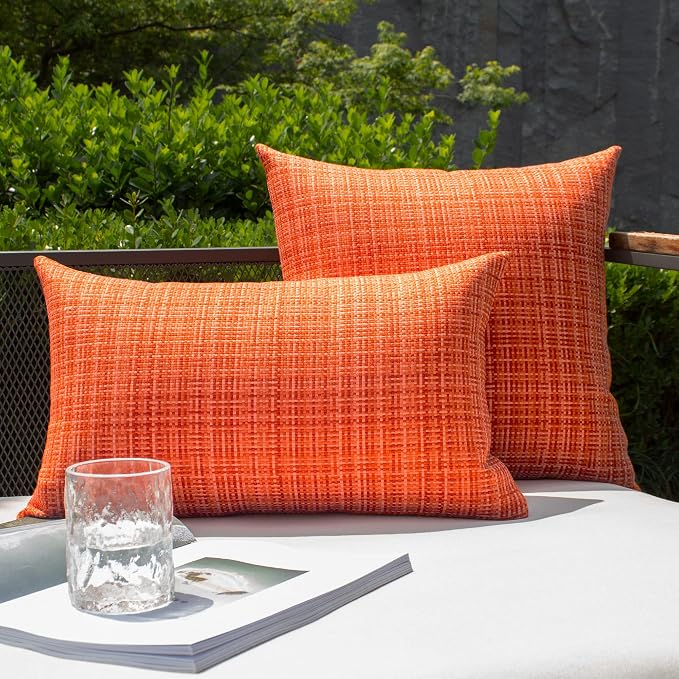 Kevin Textile Pack of 2 Decorative Outdoor Waterproof Throw Pillow Covers Stripe Square Pillowcases Fall Decorative Modern Cushion Cases for Patio Couch Bench 18 x 18 Inch Orange