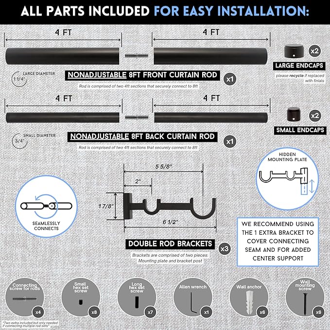 BlastHome® Non-Adjustable Luxury Double Curtain Rods for Windows, 1 ¼” Premium Rod Set, 8 foot Custom Fixed Length (Two Rods Connect on Both Front & Back for a Seamless Look), Brushed Dark Brown