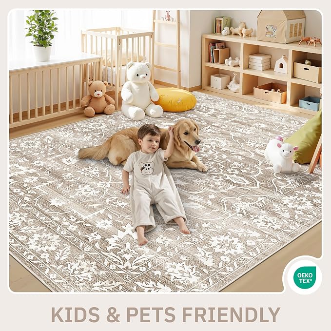 Soalmost 8x10 Area Rugs for Living Room, Washable Neutral Rug Light Brown | Vintage Floral Soft Stain Resistant Non-Slip Low Pile Thin Carpet for Dining Room Bedroom Kitchen Home Office Nursery 8'x10'