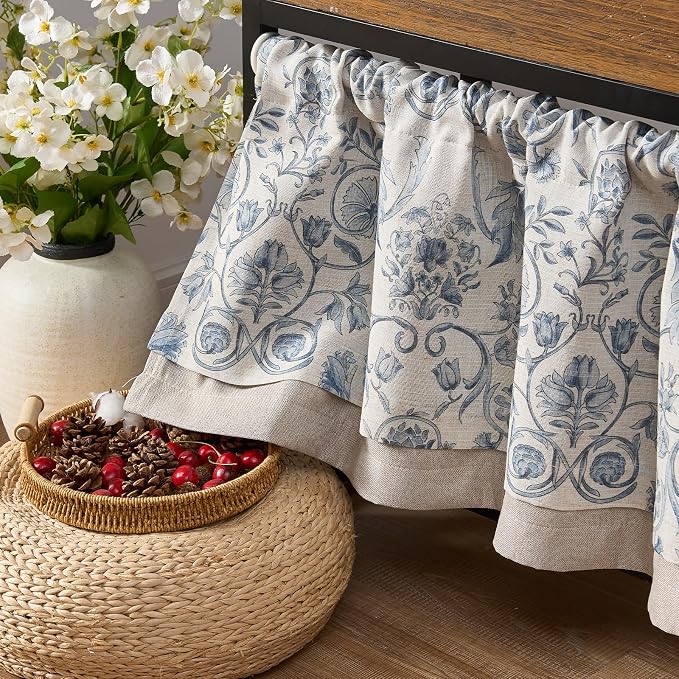 jinchan Linen Valance Kitchen Curtain Pack of 2 Double Layer 16 Inch for Living Room Bedroom Window Treatment Light Filtering Vintage Farmhouse Cottagecore Rod Pocket 2 Panels Blue on Beige