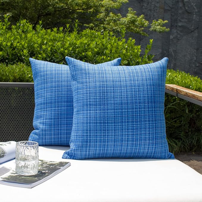 Kevin Textile Outdoor Waterproof Throw Pillow Covers 26x26 Inch Pack of 2 Woven Faux Linen Farmhouse Decorative Euro Shams Water Resistant Cushion Covers for Tent Patio Garden Couch Sofa Blue