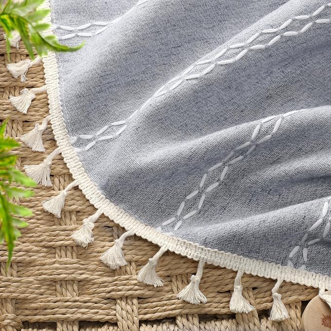 Blue Boho Blackout Curtains 2 Panels 96 Inch for Living Room Bedroom, Linen Texture Farmhouse Curtains with Tassels and White Cotton Embroidery Vintage Rustic Country Western