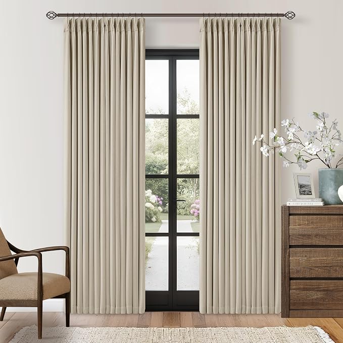 Neutral Beige Linen Pinch Pleated Blackout Curtains 84 Inches Long for Bedroom Living Room Darkening 100% Black Out Pinch Pleat Drape with Liner Farmhouse 84 Inch Curtain for Dining Room Oatmeal Sand
