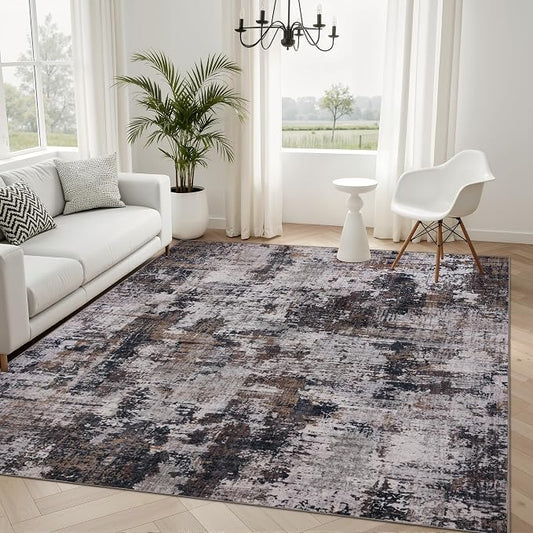 Sasttie 6x9 Soft Area Rug for Living Room, Modern Abstract Washable Carpet for Bedroom, with Non-Slip Backing, Black and Brown