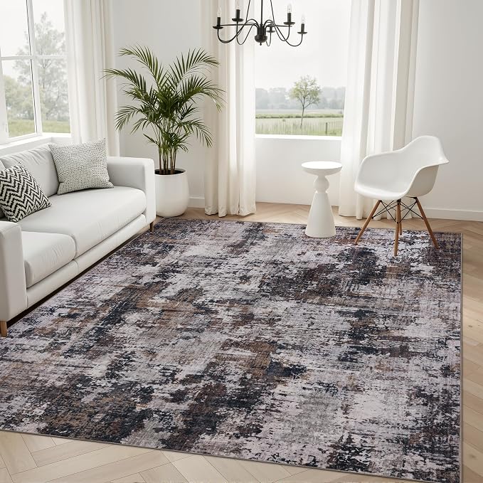Sasttie 5x7 Soft Area Rug for Living Room, Modern Abstract Washable Carpet for Bedroom, with Non-Slip Backing, Black and Brown