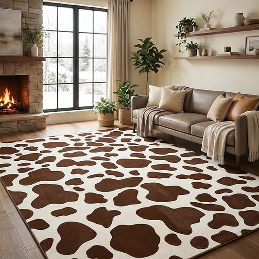 Soft Cowhide Rug 4x6 Ft, Faux Cow Hide Rugs for Living Room Bedroom, Non-Slip TPR Backing for Hardwood Floors, Machine Washable & Easy to Clean, Pet Friendly Carpet for Kids, Coffee, White