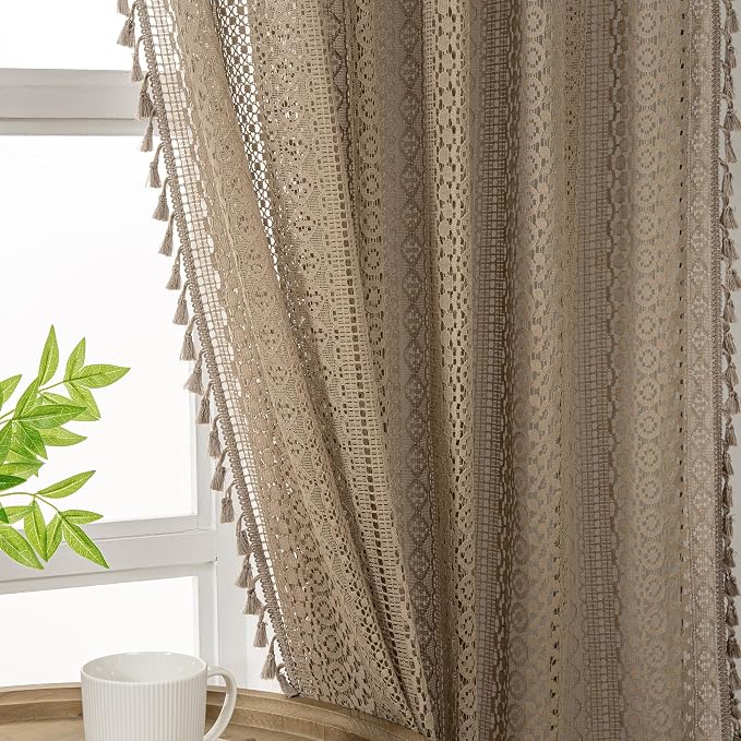 WAZZIO Boho Lace Curtains 72 Inches 2 Panel,Light Filtering Privacy Tassel & Geometry Crochet Semi Sheer Curtain Drapes for Bedroom Living Dining Room,Rod Pocket & Tassel,Earthy Color Taupe
