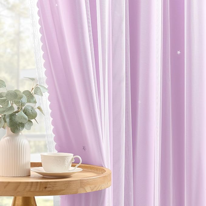 XiDi Purple Curtains for Bedroom Living Room 2 Panels Thermal Insulated Kids Blackout Curtain Hollow-Out Star Window Nursery Girls Curtains 45 inches Length Room Darkening Grommet W52 x L45