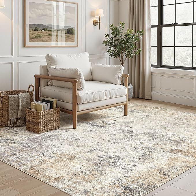 UERMEI 6x9 Washable Area Rug - Neutral Modern Abstract Living Room Rugs, Non-Slip Soft Large Indoor Floor Carpet for Bedroom Home Office & Under Dining Table Decor, Golden Grey