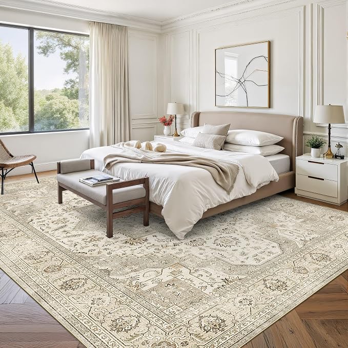 Roxstand Washable Rugs 9x12, Large Area Rugs 9x12 Living Room with Non-Slip Backing, Super-Soft Floral Vintage Rug, Low Pile Area Rug for Bedroom, Dining Room, Office (Ivory/Beige, 9'x12')
