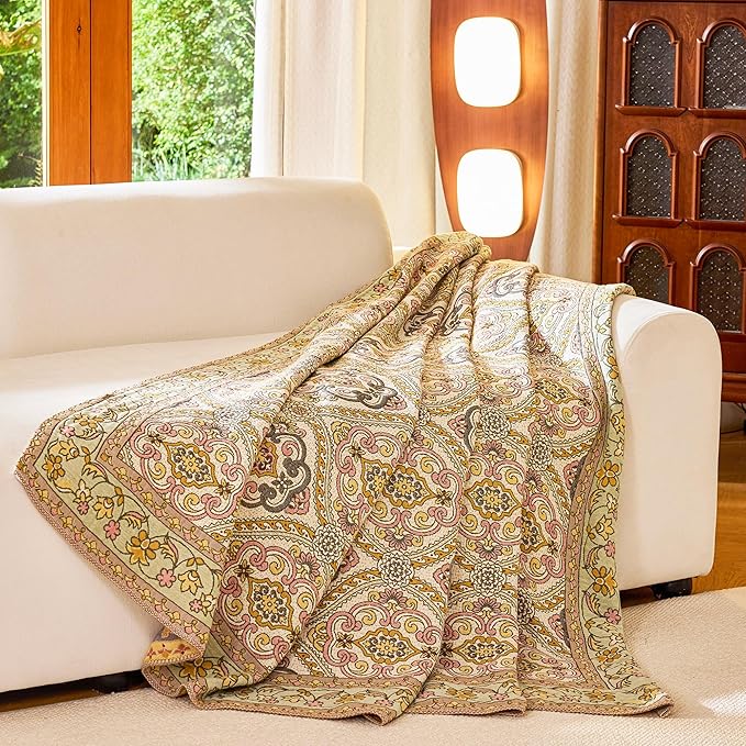 VANJOROY King Boho Throw Blanket, 100% Organic Cotton Breathable Skin-Friendly Ultra Soft 91" x 98" Bed Quilt Throw - Floral Rustic Decor Luxury Reversible Blanket for Sofa Couch Chair and Gift