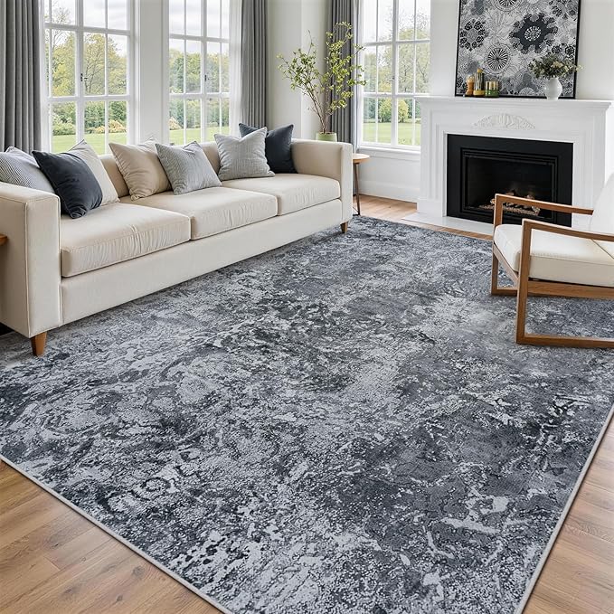 9x12 Area Rugs for Living Room Rug Washable: Abstract Large Rug for Dining Room Bedroom Carpet Non Slip 9 by 12 Indoor Modern Nursery Home Office Black