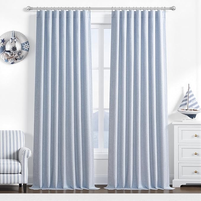 Dusty Blue Blackout Nursery Curtains 102 Inch Length for Kids/Boys Rooms/Bedroom, Floor to Ceiling Track Pleated Large Window Drapes Hooks Linen Winter Thermal Coastal Light Blue(50"Wx102"Lx 2Panels)