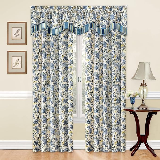 Waverly Traditions Navarra Farmhouse Scalloped Rod Pocket Valance for Windows in Bedroom, Kitchen, or Living Room, 52" x 16", Porcelain