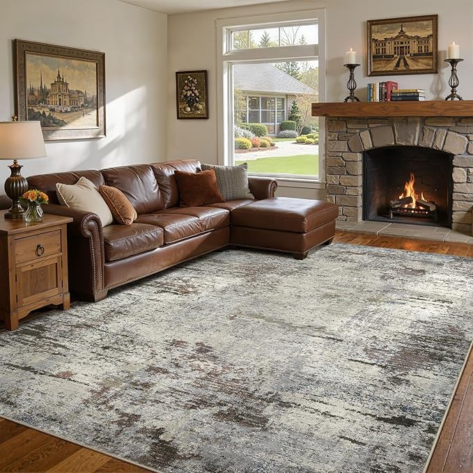 DMOYEST Area Rug Living Room Rugs - 10x12 Washable Large Soft Indoor Neutral Modern Abstract Low Pile Rug Carpet for Bedroom Dining Room Farmhouse Home Office - Brown Rust