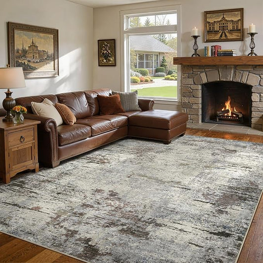 DMOYEST Area Rug Living Room Rugs - 10x12 Washable Large Soft Indoor Neutral Modern Abstract Low Pile Rug Carpet for Bedroom Dining Room Farmhouse Home Office - Brown Rust