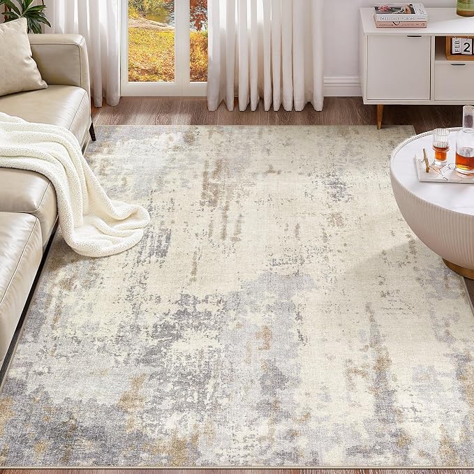 UERMEI 9x12 Area Rug Living Room Rugs - Washable Neutral Modern Abstract Soft Thin Rug Indoor Floor No Slip Rug Carpet for Bedroom Under Dining Table Home Office Decor - Light Brown/Gray