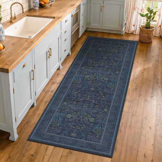 2'6"x8' 8ft Kitchen Runner Rugs Washable, Dark Blue Long Runner Rugs Non Slip for Hallway, Entryway, Victorian Forest Floral Stain Resistant Low Pile Thin Carpet