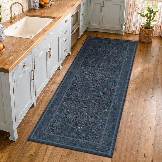2'6"x8' 8ft Kitchen Runner Rugs Washable, Dark Blue Long Runner Rugs Non Slip for Hallway, Entryway, Victorian Forest Floral Stain Resistant Low Pile Thin Carpet