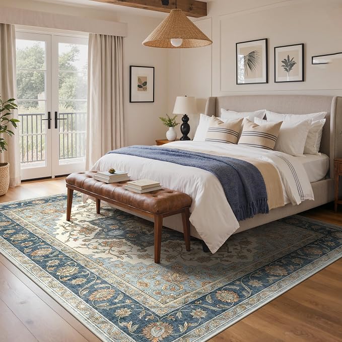 GENIMO 8x10 Area Rugs for Living Room, Machine Washable Non Slip Rugs, Low Pile Lightweight Print Rug for Bedroom, Dining Room, Home Office, Vintage Blue Medallion