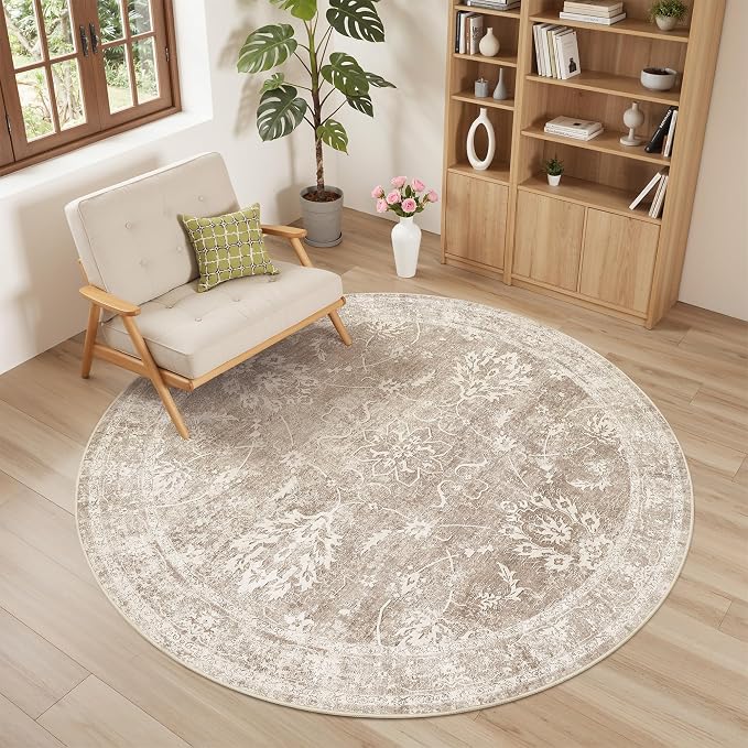 Madane Washable Round Rug 5ft for Living Room, Soft Ultra-Thin Non-Slip Vintage Floral Circle Area Rug, 5x5 Round Throw Carpet for Entryway Nursery Bedroom Kitchen Dining Room (Brown/Sand, 5'Round)