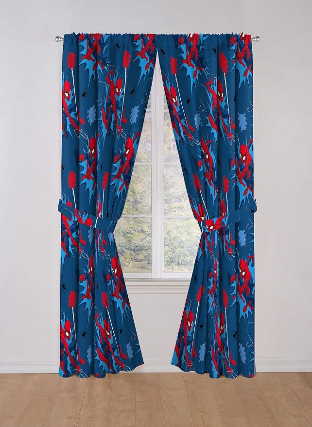 Jay Franco Kids Window Drapes - 4 Piece Curtain Set Includes 2 Tiebacks, Beautiful Bedding Room Décor and Easy Set Up, Blue - Spiderman, 84 Inch