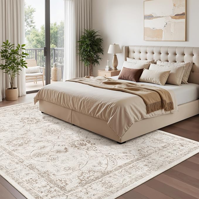 Madane Washable 7x9 Area Rugs for Living Room, Vintage Natural Rug with Non-Slip Backing, Soft Stain Resistant Throw Rugs Thin Carpet for Bedroom Dining Room Farmhouse (7 x 9, Brown/Ivory)