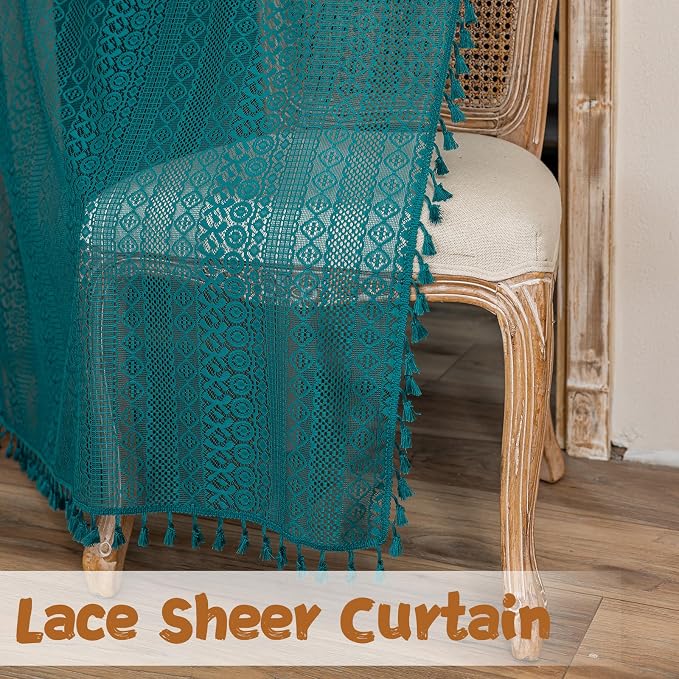 Sutuo Home Boho Sheer Doorway Curtain for Doorway Closet, Lace Door Curtain for Patio Front Door Crochet Vintage Tassels Bohemian Privacy Temporary Room Divider Rod Pocket,1 Panel 37" x 80" Teal
