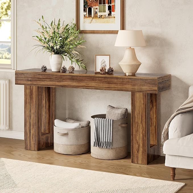 LITTLE TREE 63-Inch Long Console Tables for Entryway, Large Sofa Table Behind Couch, Wooden Entry Foyer Hallway Table, Industrial Console Sofa Tables for Living Room, Rustic Brown