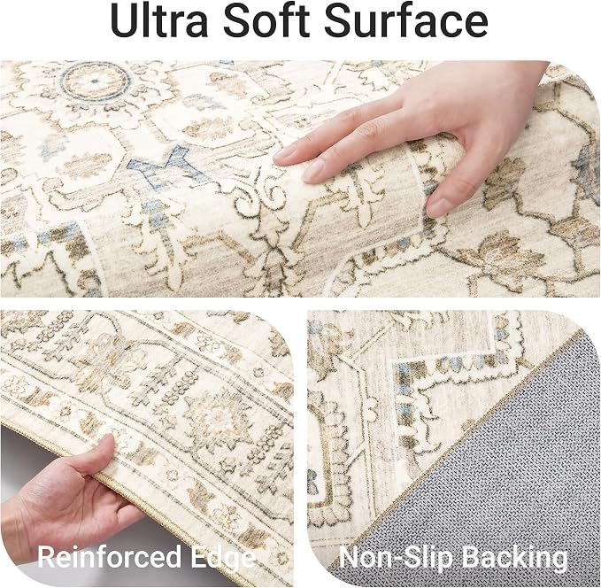 Area Rugs for Living Room - 9x12, Boho Non-Slip Low Pile Carpet Machine Washable Rugs for Bedroom Office, Dining Room (Beige)