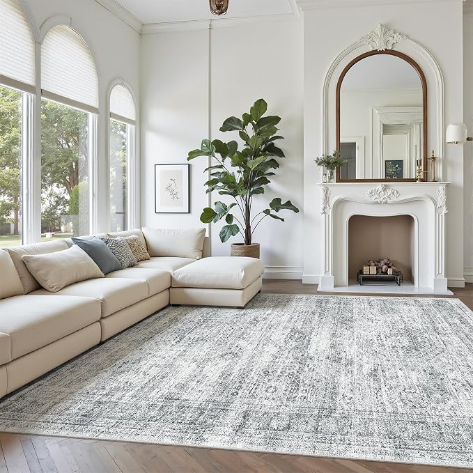 Soalmost 7x10 Area Rug for Living Room Washable Abstract Vintage Soft Thin Indoor Floor Non-Slip Carpet for Bedroom Dining Room Grey