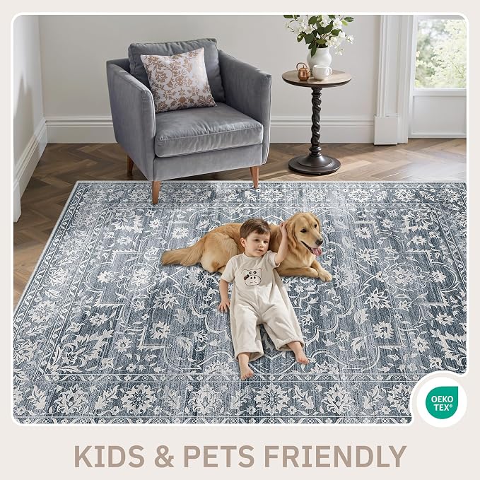 Soalmost 8x10 Area Rugs for Living Room, Washable Bedroom Soft Rug Blue | Vintage Floral Non-Slip Low Pile Stain Resistant Throw Large Neutral Carpet for Dining Room Kitchen Home Office 8'x10'