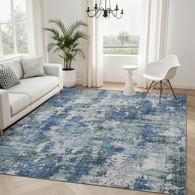 Sasttie 4x6 Soft Area Rug for Living Room, Modern Abstract Washable Carpet for Bedroom, with Non-Slip Backing, Blue and Green