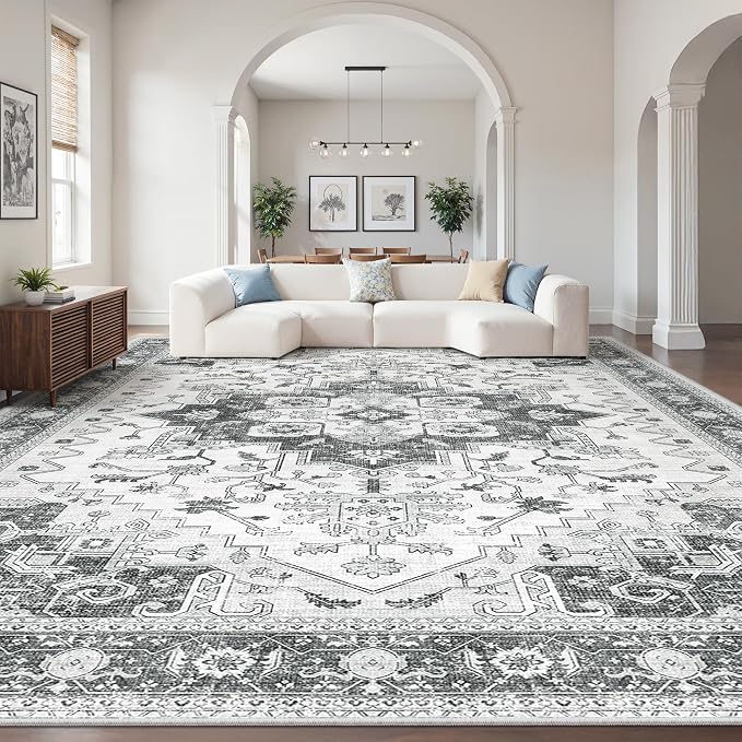 Washable 9x12 Area Rug,Vintage Floral Area Rugs with Non Slip Backing Stain Resistant Grey Carpet for Bedroom Dining Room Indoor Large Soft Rug Home Decoration (9x12,Grey)