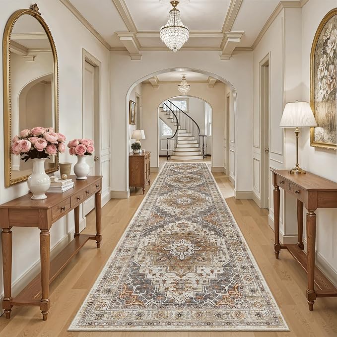Madane Hallway Runner Rug 3x16 Washable Kitchen Runners Long, Turmeric/Grey | Vintage Non-Slip Wide Area Rugs 16ft for Entryway, Soft Thin Low-Pile Farmhouse Indoor Floor Carpet for Living Room Bedroom