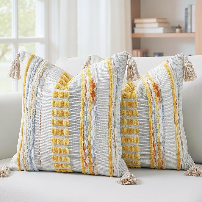 NUYECY Boho Throw Pillow Covers 16x16 Aesthetic Neutral Boucle Couch Pillow Cover Rainbow Striped Decorative Accent Pillow Case for Couch Bed Sofa Farmhouse,Modern Funky,Set of 2 Yellow-Grey