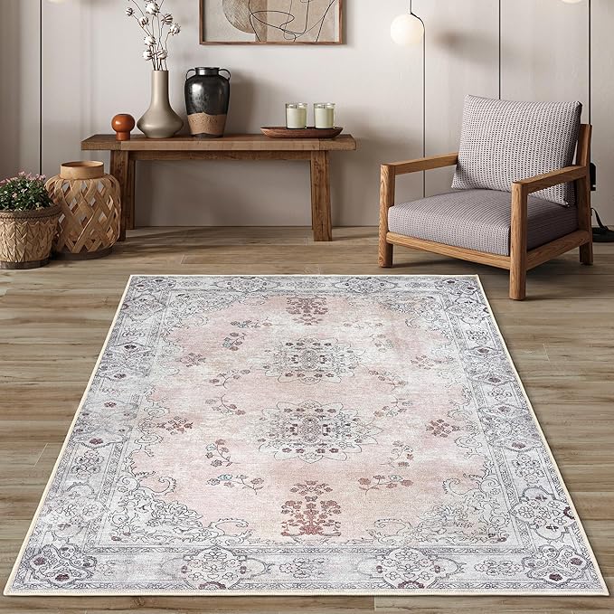 Lite Pink Oushak Large Area Rug 8x10 - Washable Boho Rug Vintage Turkish Non-Slip Carpet Non-Shedding Extra Large Area Rugs for Living Room, Dining, Bedroom, Lounge, Farmhouse