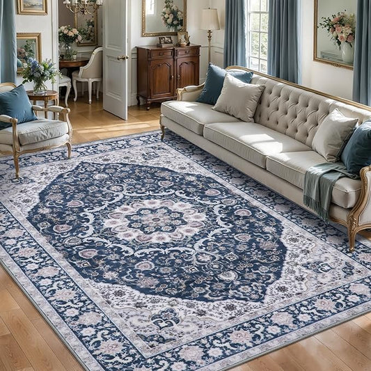 Tangsoo 5x7 Area Rug for Living Room Non Slip, Washable Vintage Blue Floral Rug for Bedroom Laundry Office, Soft Low Pile Stain Resistance Retro Indoor Boho Carpet Mats for Farmhouse Dinning Room Mat