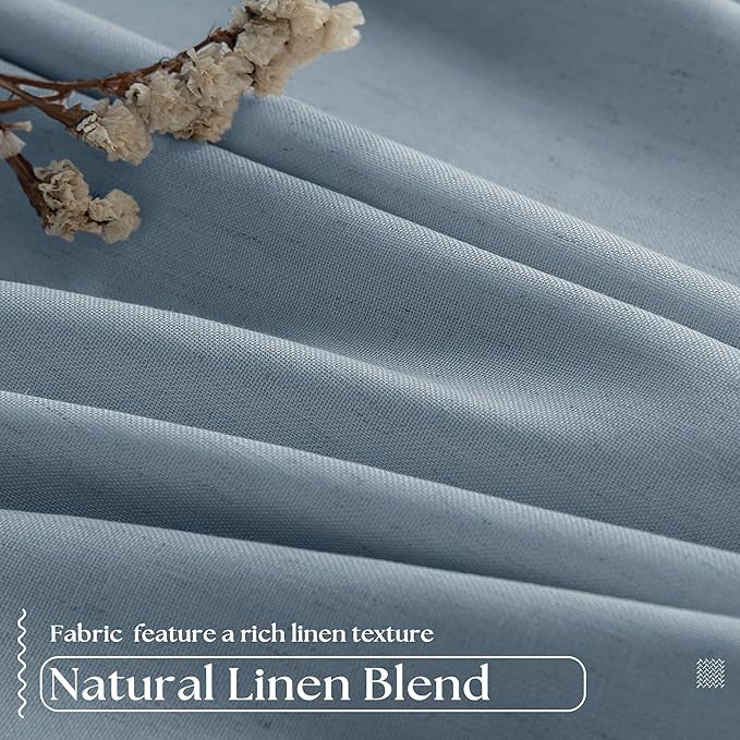Dusty Blue Pleated Linen Blackout Curtains 102 Inches Long for Bedroom Living Room Pinch Pleat Black Out Thermal Insulated Ring Hooks Room Darkening Drapes Light Blue Curtains with Liner 40x102