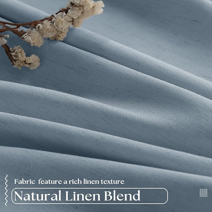 Dusty Blue Linen Blackout Curtains 45 Inch Length 2 Panels Pinch Pleated Back Tab Short Curtains for Kitchen with 100% Blackout Liner Neutral Farmhouse Drapes for Basement Thermal Insulated Drape